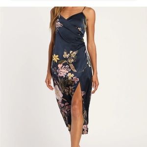 Blue Satin Floral Dress